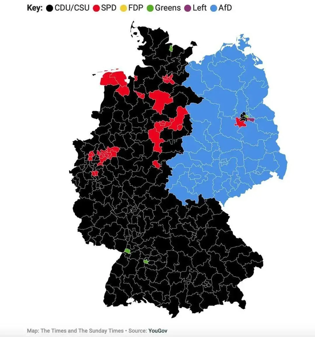 The AFD party has the plurality of votes in what used to be East Germany