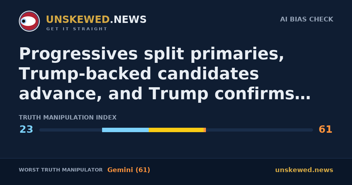 Progressives split primaries, Trump-backed candidates advance, and Trump confirms secret plane swap due to Iran threat